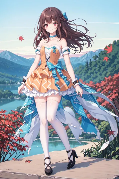 , masterpiece, best quality,shiny,chromatic aberration abuse,pastel color,full body,
1girl,solo, <lora:Aoi2:0.4>aoisan,red eyes,brown hair,smile,
strapless dress,bow, yellow dress,white thighhighs, high heels, blue ribbon,<lora:OrangePrincessV2:1>
lake,autumn leaves, mountainous horizon,