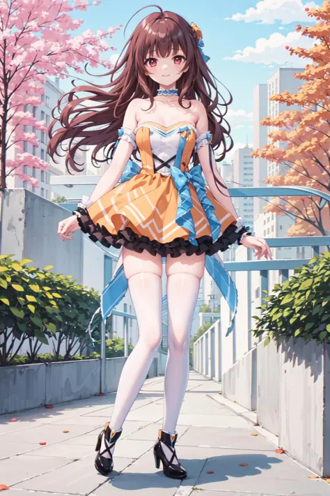 , masterpiece, best quality,shiny,chromatic aberration abuse,pastel color,full body,
1girl,solo, <lora:Aoi2:0.4>aoisan,red eyes,brown hair,smile,underboob,
autumn,outdoors, park,
<lora:OrangeV2:1> strapless dress,bow, yellow dress,white thighhighs, high heels, blue ribbon, colorful,