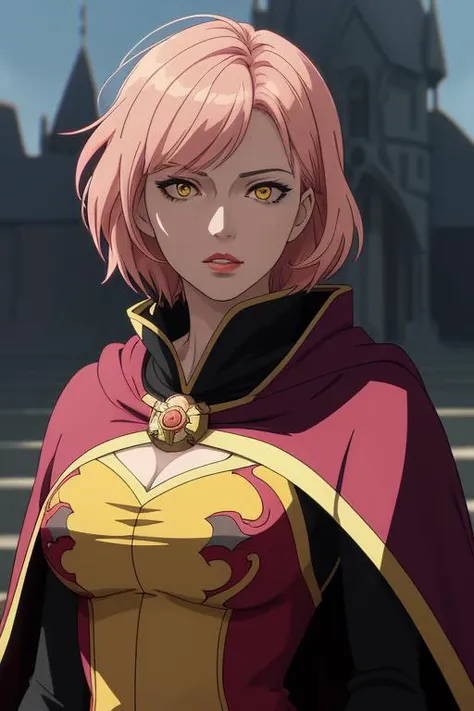 (solo:1.0),  modern cel shaded anime,  photograph,  (wide angle:1),  centered,  upper body portrait of very beautiful mature woman,  short pink hair, ( Cloak), ( inner cloak yellow:1),  (outer cloack black:1), yellow eyes,  looking at viewer,  solo,  upper body, (masterpiece:1.4), (best quality:1.4), red lips, parted lips,  castle:1, dramatic shadows,  extremely_beautiful_detailed_anime_face_and_eyes,  an extremely delicate and beautiful,  dynamic angle,  cinematic camera,  dynamic pose,  depth of field,  chromatic aberration