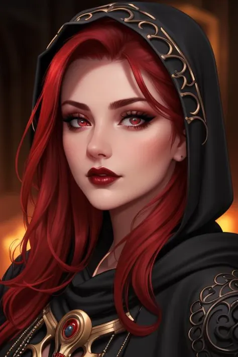 Attractive woman, extreme close up, red hair, detailed eyes, full lips, cinematic lighting, (black ornate hood)1.1, chubby cheeks, forward facing