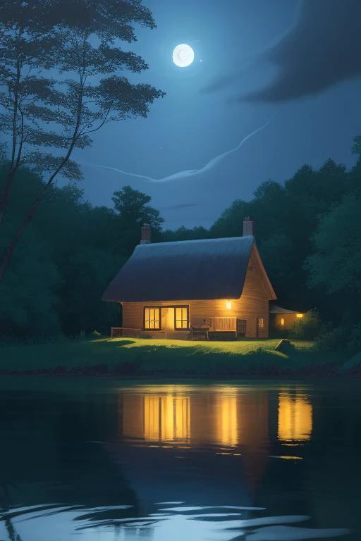 cottage by the river in moonlight