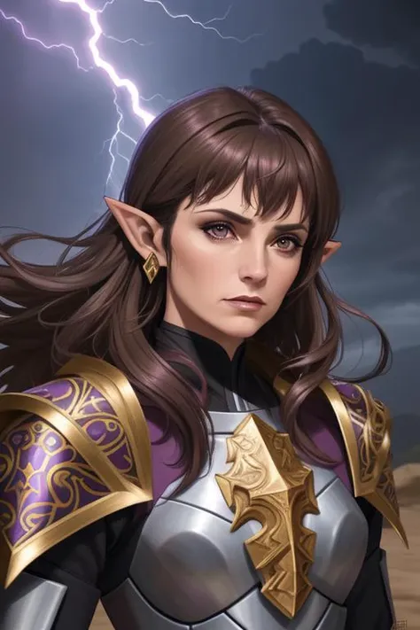 sassy,  brunette, tempest cleric,mature female ,small pointy ears, ornate metal black and purple armour, outdoors in the wind, lightning,looking at viewer, cinematic lighting, upper body portrait