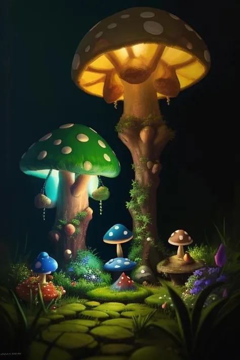 painting of a toadstool garden, cinematic lighting