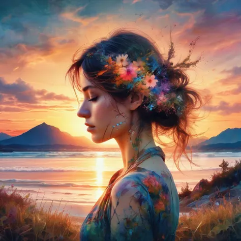 Digital fantasy double exposure one person only facing the front watercolor fairytale Illustration which is a double exposure of a summerscape sunset, by Waterhouse, Carne Griffiths, Minjae Lee, Ana Paula Hoppe, Stylized watercolor art, Intricate, Complex contrast, HDR, Sharp, soft Cinematic Volumetric lighting, flowery fractal colours, wide long shot, perfect masterpiece, upper lip properly formed