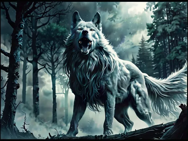 a wolf of clouds and long hair in the stormy forest