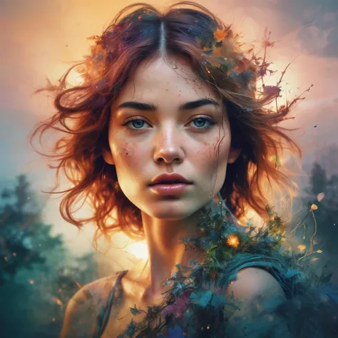 Digital fantasy double exposure one person only facing the front watercolor fairytale Illustration which is a double exposure of a summerscape sunset, by Waterhouse, Carne Griffiths, Minjae Lee, Ana Paula Hoppe, Stylized watercolor art, Intricate, Complex contrast, HDR, Sharp, soft Cinematic Volumetric lighting, flowery fractal colours, wide long shot, perfect masterpiece, upper lip properly formed