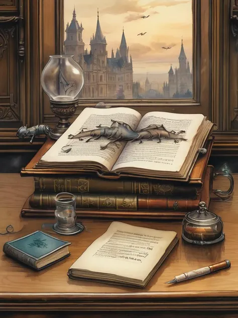 Eerie looking closed magic book and inkwell and quill lying on a wooden desk by Jean-Baptiste Monge, watercolor and ink, intricate details, fantasy, beautiful, award-winning, colorful, fantastic view, crisp quality