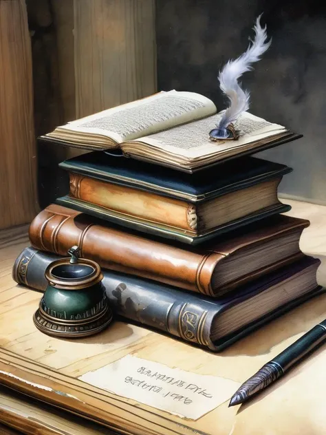 There is a stack of books and a feather on a table - SeaArt AI