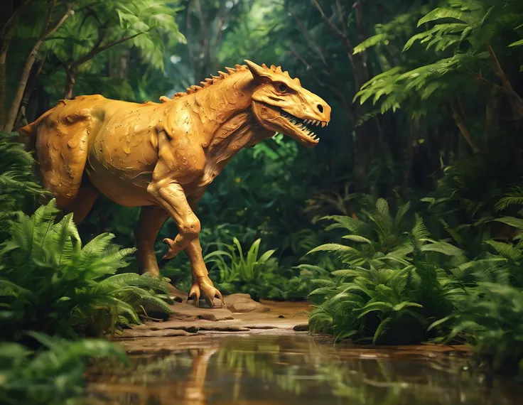 Masterpiece, best quality, high quality, realistic, high detailed, ultra sharp, ultra detailed, intricate detailed, <lora:add-detail-xl:1.0>, photorealistic, award winning, Golden Hour, ,Wet season, Carnotaurus (Carnotaurus sastrei), Caves, Enter a tense scene where a cunning Allosaurus lies in wait, camouflaged among dense foliage, ready to strike at unsuspecting prey venturing too close., Watercolours, 8k,16k, 32k, (Intricate details:1.2),