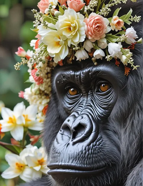 Hyperdetailed Wildlife Photography, (detailed face), reflection, (lots of details:1.2), (sharp focus:1.2), a gorilla with long curl blond hair, flower hat,