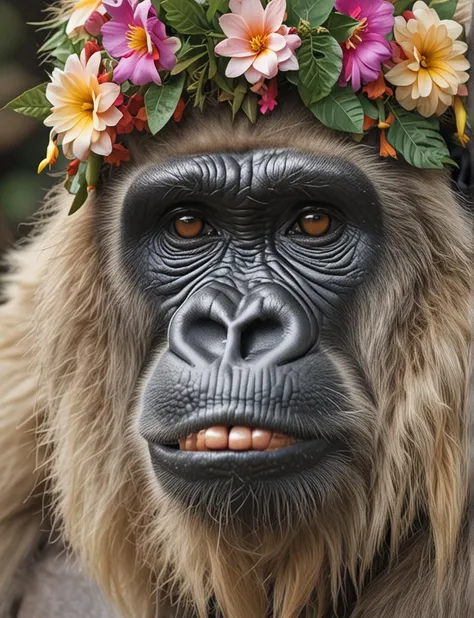 Hyperdetailed Wildlife Photography, (lots of details:1.2), (sharp focus:1.2), a gorilla with long blond curl hair, flower hat,
