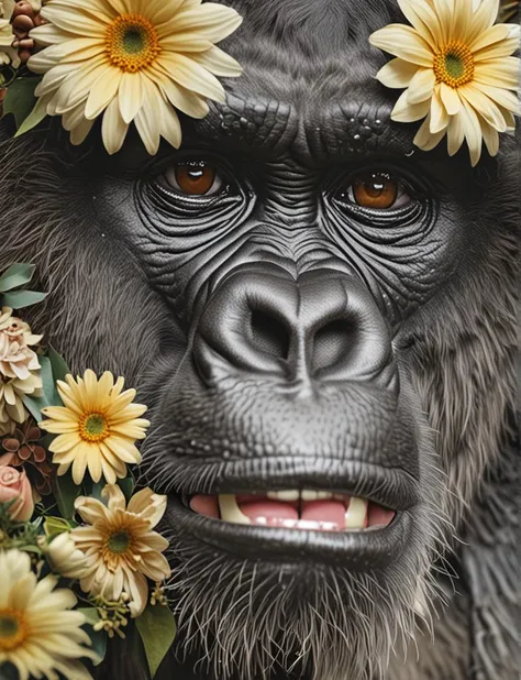 Hyperdetailed Wildlife Photography, (detailed face), reflection, (lots of details:1.2), (sharp focus:1.2), a gorilla with long curl blond hair, flower hat,