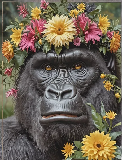 Hyperdetailed Wildlife Photography, (detailed face), reflection, (lots of details:1.2), (sharp focus:1.2), a gorilla with long curl blond hair, flower hat,