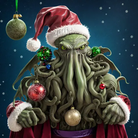 portrait of cthulhu wearing christmas decoration and a santa hat <lora:Cthulhu_for_SDXL-000007:1>