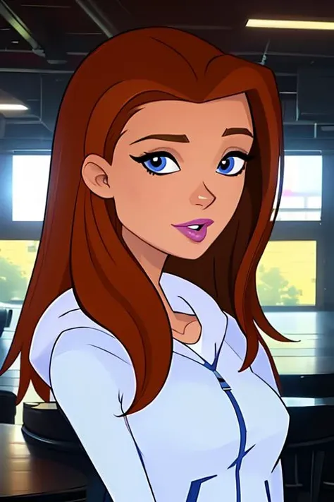 (extremely detailed 8K, high resolution, ultra quality, highly detail eyes, highly detail mouth, highly detailed face, perfect eyes, hd, 2k, 4k, 8k, 16k), <lora:6teen_JenMasterson-10:0.7> jen_masterson, auburn hair, lipstick, hoodie