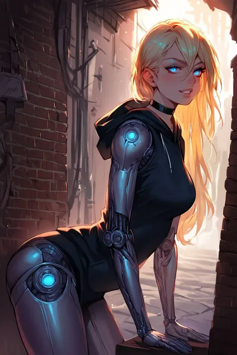 score_9, score_8_up, score_7_up, (source_anime:1.1), (high quality, detailed, beautiful), realistic,
Beautiful Lighting, black choker, blonde hair, long hair, hair intakes, hair between eyes, blue eyes, <lora:c0l0urc0r3XLP2:1>, (outdoors, alley:1.3), dynamic angle,
<lora:Cybernetics:1>, female cyborg, cyber arms, cyber legs, hoodie, cowboy shot, sleeveless, bottomless, (glowing joints:1.3), bent over, evil grin, from side, teeth, knee,
