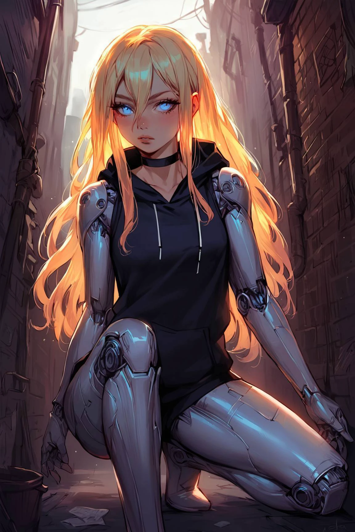 score_9, score_8_up, score_7_up, (source_anime:1.1), (high quality, detailed, beautiful), realistic,
Beautiful Lighting, black choker, blonde hair, long hair, hair intakes, hair between eyes, blue eyes, <lora:c0l0urc0r3XLP2:1>, (outdoors, alley:1.3), dynamic angle,
<lora:Cybernetics:1>, female cyborg, cyber arms, cyber legs, hoodie, cowboy shot, sleeveless, bottomless, (glowing joints:1.2), one leg kneeling,