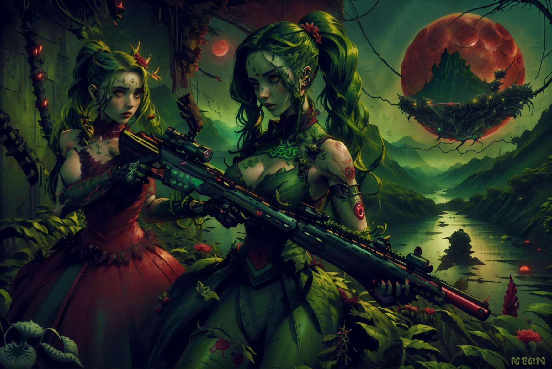 ((plant hair,plant skin)),plant matter,green skin,vines,thorns(((red moon))),beautiful female,(mountains,lake) monster girl, large breasts,navel,jewelry,tattoo,flowers in hair, <lora:MamonoMusume_V73:0.4> ,twin ponytails <lora:Short Dress 2 By Stable Yogi:1> dress <lora:CyberpunkWorld:0.8> CyberpunkWorld,mechanical joints,(((holding a rifle))),1girl