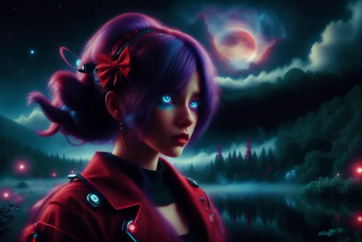 [woman:1],[flower in hair:1],[night sky:1],[lake:1],[blue eyes:2],[red clothes:0.15],[hair bow:2],[forest:3],[fog:3],[purple hair:3],[red moon:4] [<lora:FluffyStyle:0.8> FluffyStyle:2]<lora:CyberpunkWorld:0.8> CyberpunkWorld