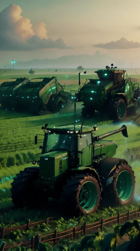 <lora:C7b3rp0nkStyle:1>RAW Photo of CyberpunkWorld a green John Deere tractor harvesting crops in a vast field, cyberpunk style, photorealistic, (Masterpiece:1.3) (best quality:1.2) (high quality:1.1)