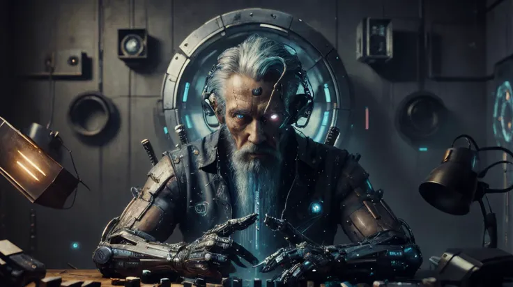 best quality,masterpiece,(1man, wrinkled face, old male:1.2), turquoise eyes, gray hair, fade, Style-GravityMagic, solo, half shot, (glowing eyes:1.1),looking away, detailed background, detailed face, (<lora:SolarpunkAI:0.5>, green-powered, solarpunk theme:1.1), techno-shaman, wearing shamanic clothes, techwear, decorative bolts, tribal chrome talisman, union of tribal rituals and science, holographic spirit guidance, digital hex, floating particles, epic atmosphere,,
