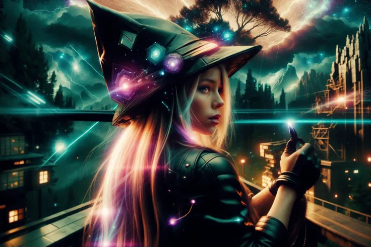 [woman in wizard hat,blonde fuzzy hair,lake:woman in wizard hat,forest,mountains,meteor shower:10] AND [lightning:10}, [fog:13] , [galaxy in the sky:13]<lora:CyberpunkWorld:0.8> CyberpunkWorld