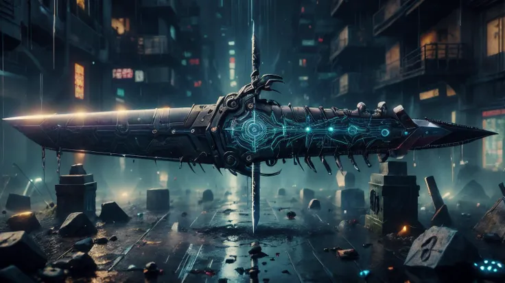 <lora:CyberpunkWorld:1>RAW Photo of CyberpunkWorld an enchanted sword lodged in a gravestone under a rainfall, cyberpunk, (Masterpiece:1.3) (best quality:1.2) (high quality:1.1)