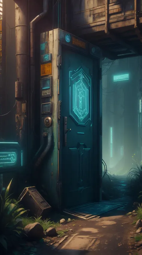 <lora:C7b3rp0nkStyle:1>RAW Photo of CyberpunkWorld a door standing alone in the middle of a forest, cyberpunk style, photorealistic, (Masterpiece:1.3) (best quality:1.2) (high quality:1.1)