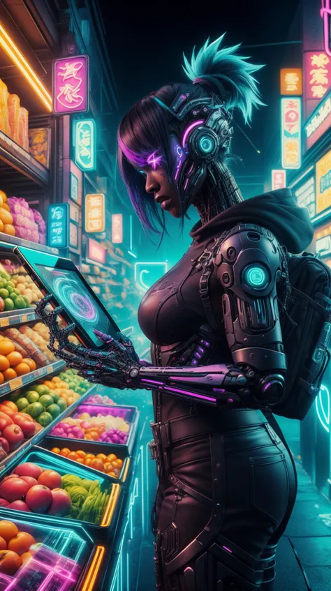 <lora:CyberpunkWorld:1> CyberpunkWorld a black woman ordering groceries online from her tablet, colorful, cyberpunk style, neon lights, dark mood, high contrast, (Masterpiece:1.3) (best quality:1.2) (high quality:1.1)