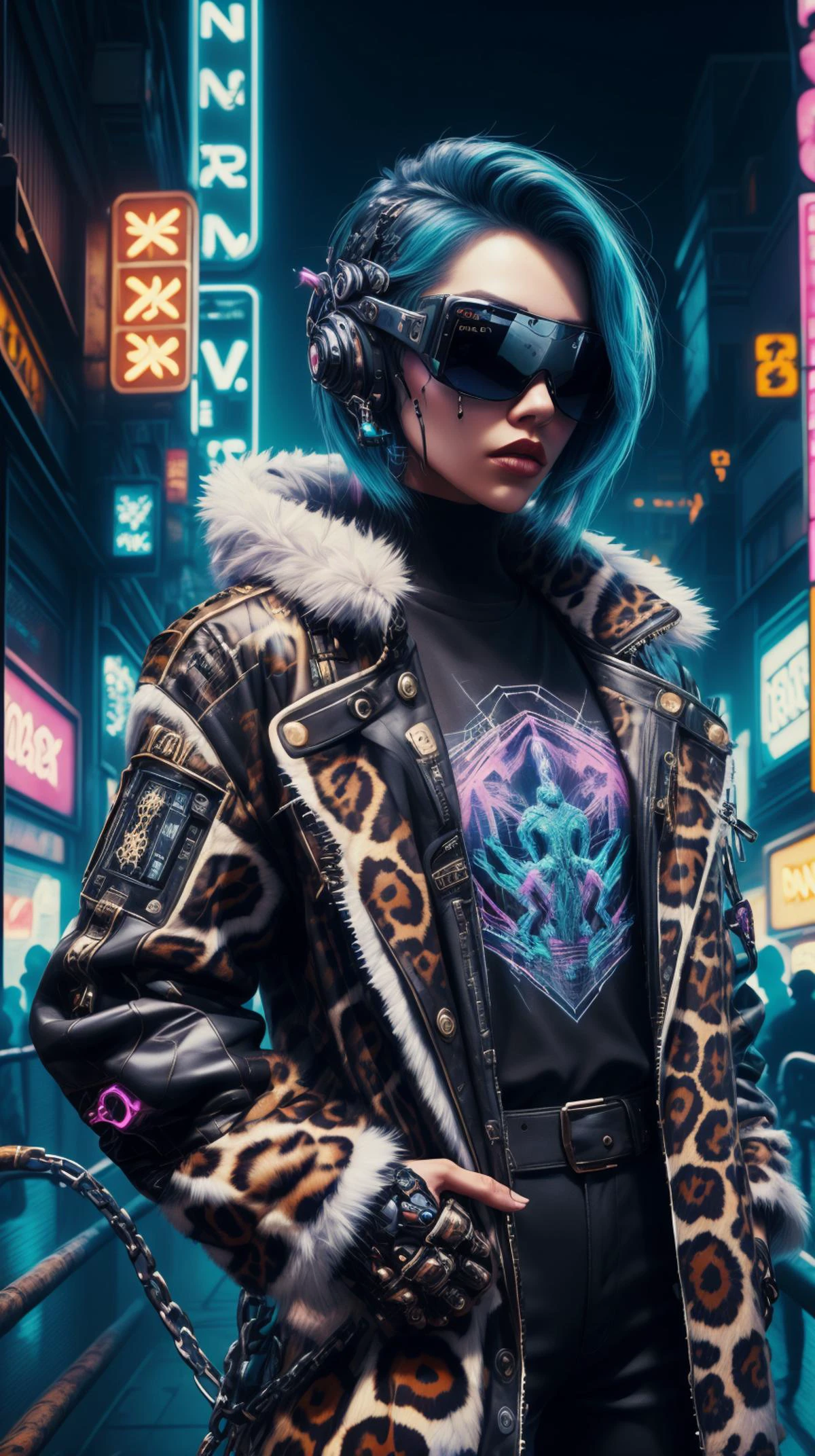 <lora:CyberpunkWorld:1> CyberpunkWorld female in a leopard print fur coat with oversized sunglasses, colorful, cyberpunk style, neon lights, dark mood, high contrast, (Masterpiece:1.3) (best quality:1.2) (high quality:1.1)