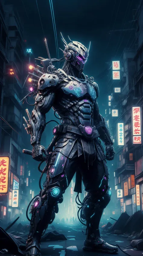 <lora:CyberpunkWorld:1> CyberpunkWorld valiant samurai spirit from Japanese mythology, colorful, cyberpunk style, neon lights, dark mood, high contrast, (Masterpiece:1.3) (best quality:1.2) (high quality:1.1)
