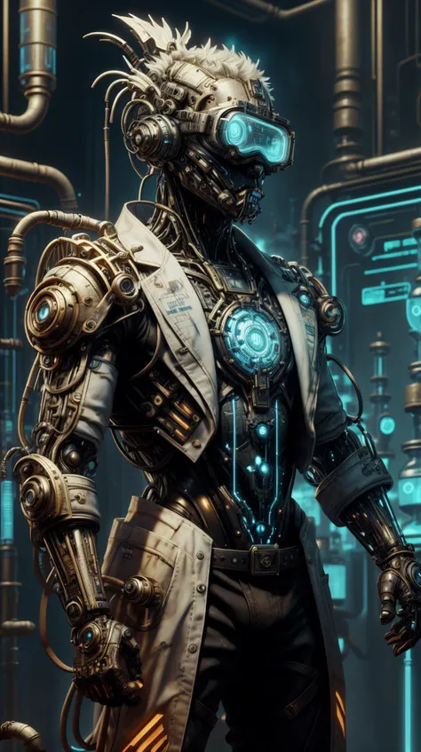 Mechanical human creature, gears, wires, metal plating, clock gears, electric wires, head not metal, heart exposed, limbs are mechanical, industrial body, metal skin, electricity, detailed face features, copper tubing, steam powered, photorealistic, 8k, high resolution, Handyman from Bioshock Infinite