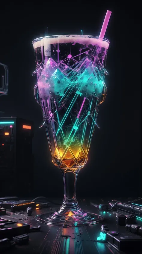 <lora:CyberpunkWorld:1> CyberpunkWorld drink, colorful, cyberpunk style, neon lights, dark mood, high contrast, (Masterpiece:1.3) (best quality:1.2) (high quality:1.1)