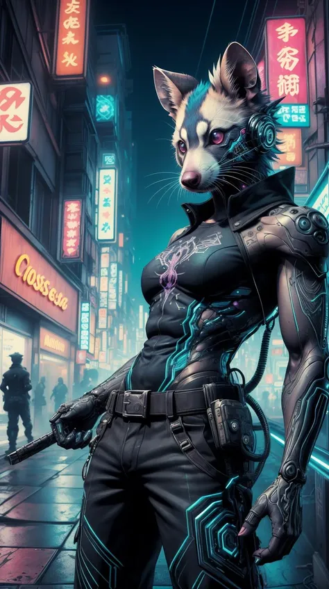 <lora:C7b3rp0nkStyle:1> C7b3rp0nkStyle character portrait of a male anthro opossum fursona with a tail and a cute beautiful attractive detailed furry face wearing a dress shirt and slacks outside a city tattoo parlor. Character design by charlie bowater, ross tran, artgerm, and makoto shinkai, detailed, inked, western comic book art, colorful, cyberpunk style, neon lights, dark mood, high contrast, (Masterpiece:1.3) (best quality:1.2) (high quality:1.1)