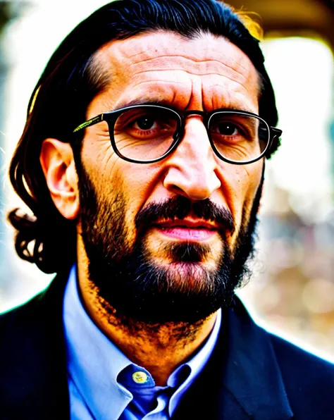 (Fares Fares:1.3) (Fares_Fares_SD15_v2-012:0.92) portrait photo of a man, front view, on a movie premiere, happy, messy medium length hair, age:50, scarf, glasses, skin detail, natural lighting sunlight, 4k uhd, dslr, soft light, high quality, Fujifilm XT3, long beard, closed mouth, lips, (beautiful eyes, iris, pupil:1.1), face birthmark