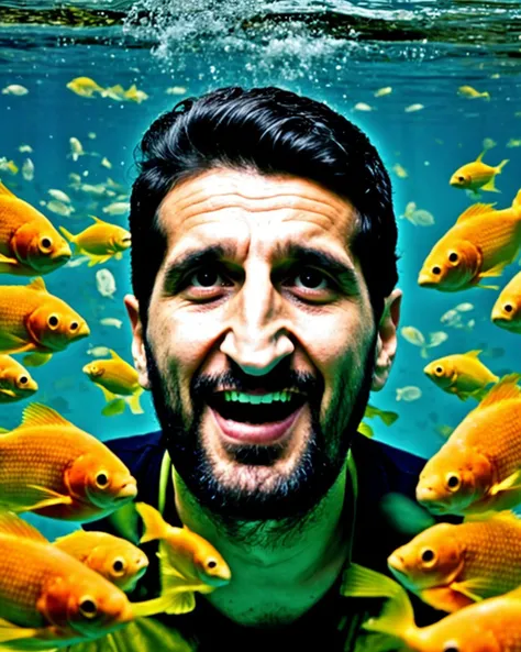 photo portrait of Fares Fares (Fares_Fares_SD15_v2-012:0.92) man a 50 years old man floating in his clothes (underwater:1.3) surrounded by colorfull fishes, happy, natural (sunny:1.3) lighting, 4k uhd, dslr, soft lighting, high quality, Fujifilm XT3, natural lighting, 4k uhd, dslr, soft lighting, high quality, Fujifilm XT3