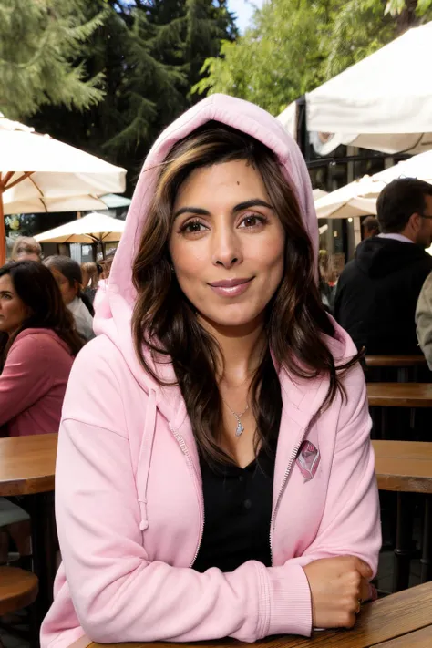 jamieLynnS1 piercing eyes, looking straight, very happy,long hair, wearing an pink hoodie, closeup portrait, in a outdoor cafe in 2015, afternoon light