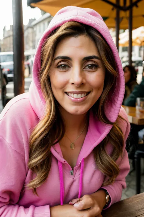 jamieLynnS1 piercing eyes, looking straight, very happy,long hair, wearing an pink hoodie, closeup portrait, in a outdoor cafe in 2015, afternoon light
