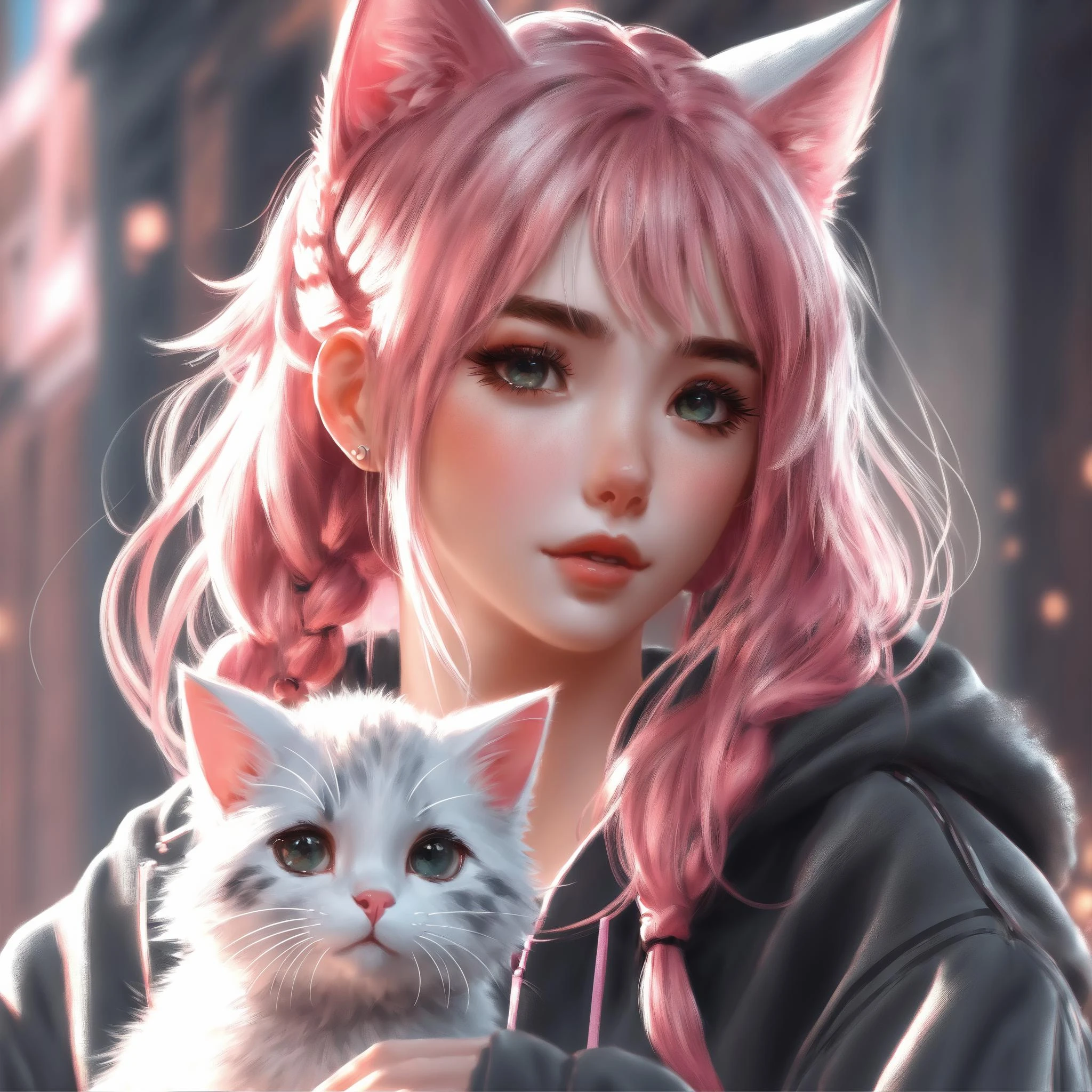 masterpiece, best quality, (1girl), wlop, beautiful detailed eyes, looking at viewer, upper body, pink hair, shy, cat ears, very detailed, high resolution, sharp, sharp image, 4k, 8k,