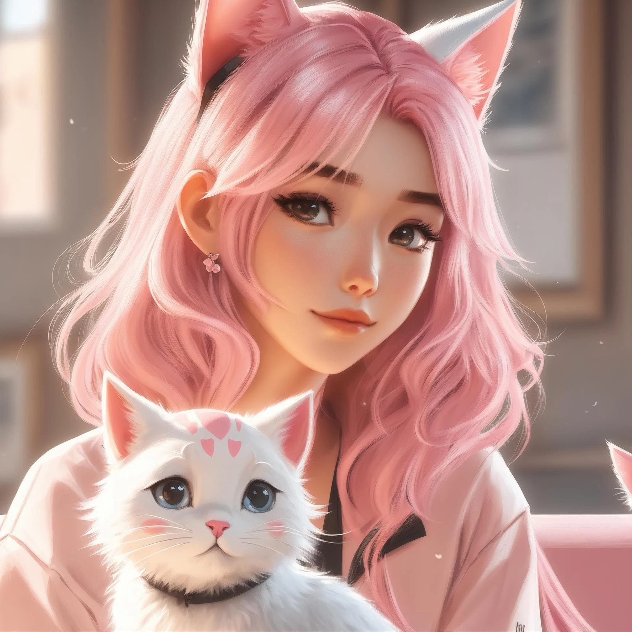 masterpiece, best quality, (1girl), Sam Yang, beautiful detailed eyes, looking at viewer, upper body, pink hair, shy, cat ears, very detailed, high resolution, sharp, sharp image, 4k, 8k,