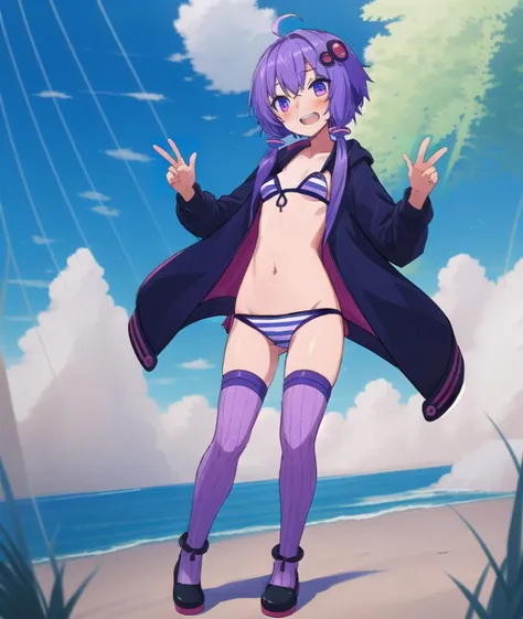 (masterpiece:1.4, best quality:1.4), ultra-detailed, illustration, (high resolution), (Best background details:0.8), (Best character details:1.3), (full body:1.4),  <lora:Yuduki_Yukari_V1:0.7>, (1girl:1.4), (solo:1.4), (evil grin), PureErosFace, <lora:HohoAka:0.7>,  (open mouth),  (ahoge),  purple hair, hair between eyes, short hair with long locks, clear anime eyes, bright eyes, v-shaped eyebrows, purple thighhighs, vertical-striped thighhighs, zettai ryouiki, bikini, purple striped bikini, (outdoors), beach, ocean, <lora:FromBelowPov:1>, (from below1.4), small breasts, no shoes