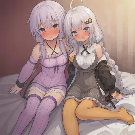 (masterpiece,best quality:1.4), (Extremely Detailed CG Unity 8k Wallpaper), (high resolution), (Best background details:1.26), (Best character details:1.4), (1 girl), (full body:1.2), <lora:Yuduki_Yukari_V1:0.7>, eyes highlight, <lora:HohoAka:1.1>, purple thighhighs, purple panties, indoors, sitting on the bedside, the sun is shining through the window, (from below:1.4), looking down, looking at viewer, AND (masterpiece:1.4, best quality:1.4), ultra-detailed, illustration, (high resolution), (Best background details:0.8), (Best character details:1.3), <lora:kizuna_akari_v2:0.8>, (kizuna akari:1.4), (1girl:1.4), (solo), (braid), (striped), (twin braids), (white hair), (hair ornament), (orange-colored pantyhose), (panties under pantyhose:0.6), (blue eyes), heart-shaped pupils, (evil grin), PureErosFace, <lora:HohoAka:0.7>, (open mouth), (ahoge), (fingerless gloves), skirt, long sleeves, gloves, jacket, blush, orange gloves, (indoors), (sitting on the bed:1.3), from below, breasts, no shoes,