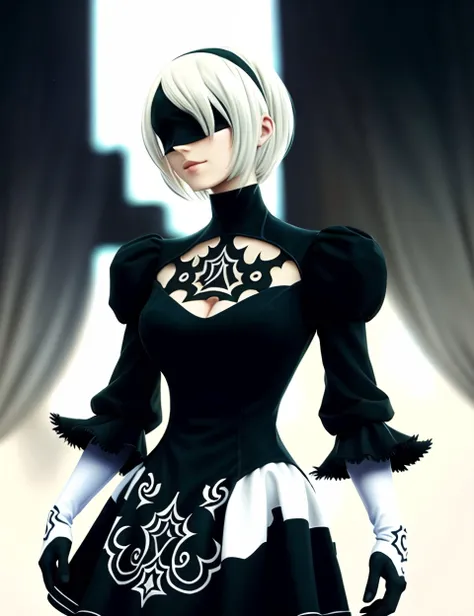 illustration, cartoon, soothing tones, calm colors, (anime), (illustration), cartoon, detailed, a woman, 2B, black blindfold, detailed, detailed dress, posing, by conor harrington <lora:2B:0.75>