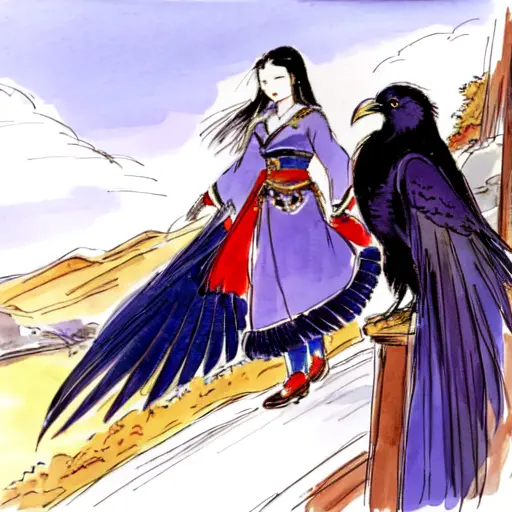 <lora:yoshitaka_amano_lora-10:1>, amano yoshitaka, traditional art, 1 girl, raven \(dc\)