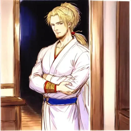 <lora:yoshitaka_amano_lora-10:1>, amano yoshitaka, traditional art, 1boy, blonde hair, (straight hair), blue eyes, white bathrobe, pointed nose, short beard, hair back, male focus, long hair, ponytail, solo