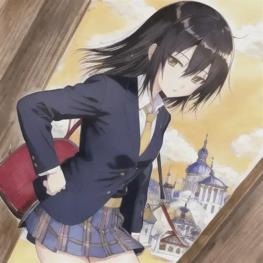 <lora:yoshitaka_amano_lora-10:1>, amano yoshitaka, traditional art, 1girl, kuroki tomoko, tomoko kuroki, black hair, (bags under eyes), hair between eyes, long hair, skirt, schoolgirl uniform, jacket, yellow jacket, tie
