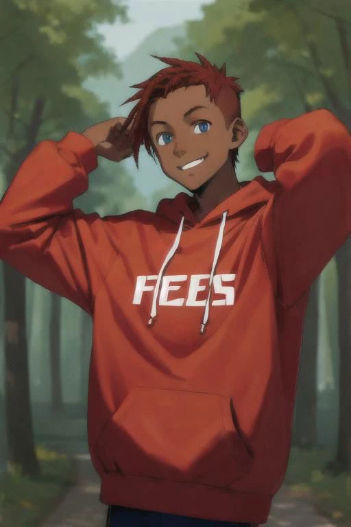 male focus, highres, illustration, outdoors,
BREAK, 1boy, solo, cute, face, dark-skinned male, dark skin, red hair, buzz cut, forehead, blue eyes, hoodie, arms behind head, smile,