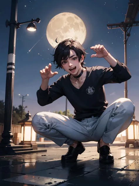 male focus, highres, night, moon, park, trash can, lantern, park bench, star \(sky\),
BREAK, 1boy, solo, squatting, spread legs, choker, paw pose, smile, open mouth, tongue out
