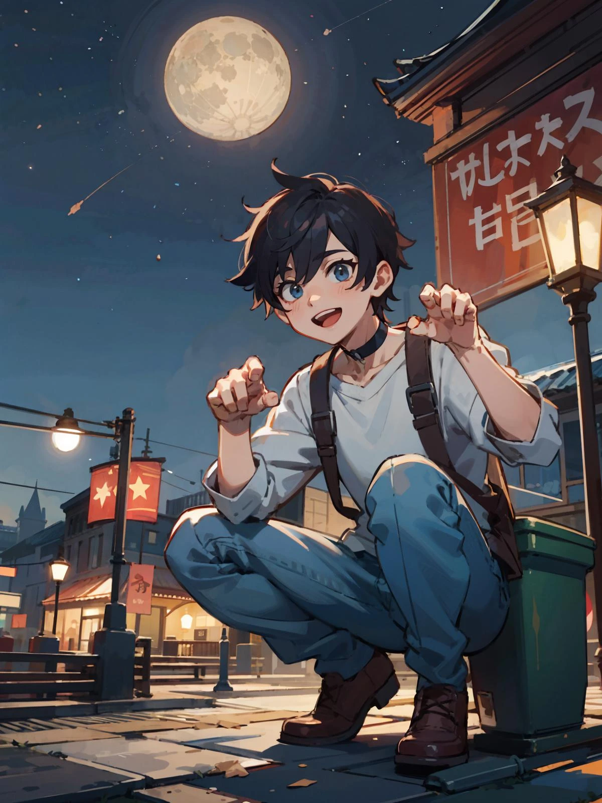 male focus, highres,night, moon, park, trash can, lantern, park bench, star \(sky\),
BREAK, 1boy, solo, squatting, spread legs, choker, paw pose, smile, open mouth, tongue out