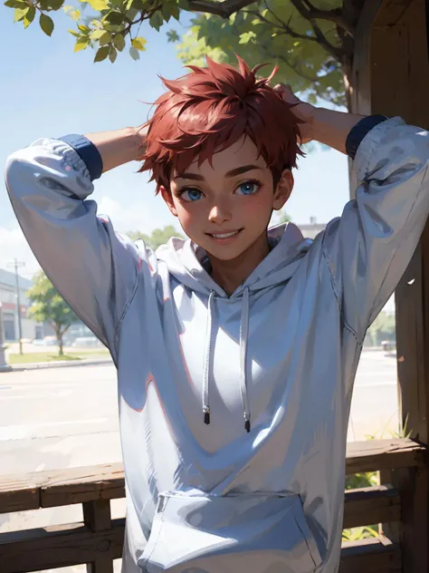 male focus, highres, illustration, outdoors,
BREAK, 1boy, solo, cute, face, dark-skinned male, dark skin, red hair, buzz cut, forehead, blue eyes, hoodie, arms behind head, smile,